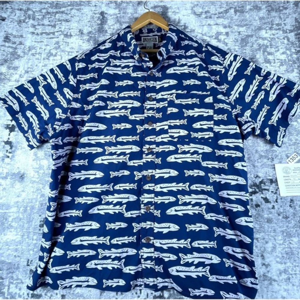 Duluth Trading Mens 2xl Tall Fish Print Trout Fishing Angler Shirt Relaxed Fit